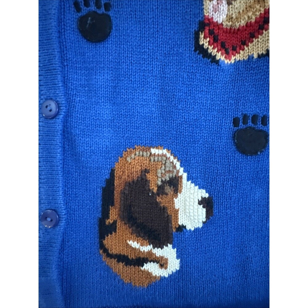 Blue Cardigan Sweater Knit Dogs 1990s Large Vintage Marisa Christina Paw Prints - Picture 7 of 9